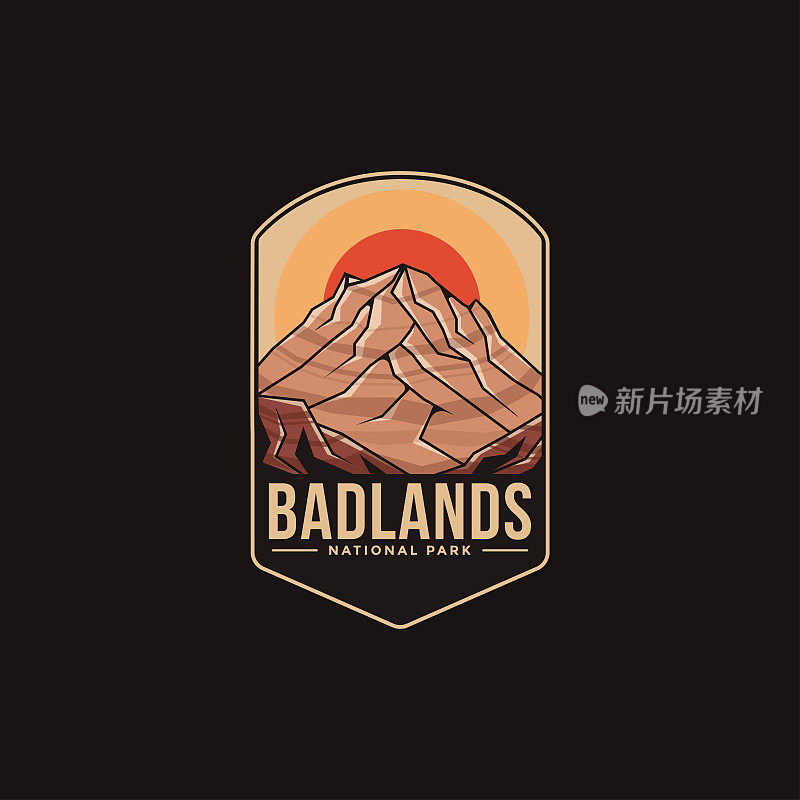 Badlands国家公园在黑暗的背景上的标志补丁矢量插图