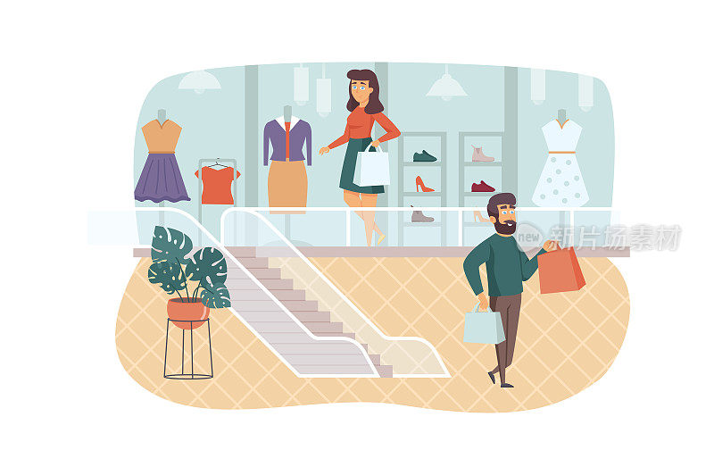 人们在服装店购物的场景。男人和女人买时髦的衣服和鞋子。服装精品客户，零售销售理念。矢量插图的人的字符