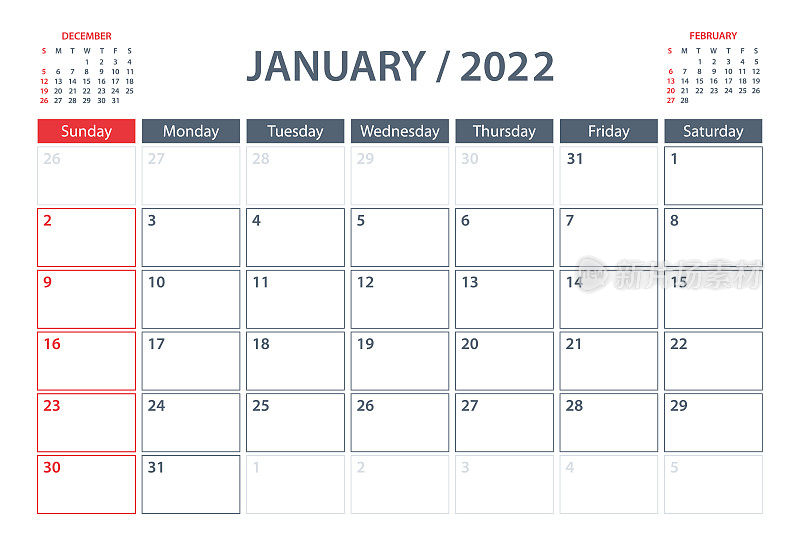 2022年1月日历规划器矢量模板。一周从周日开始