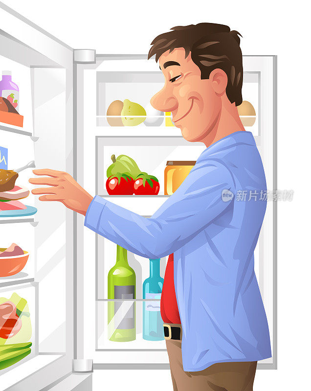 男人从冰箱里拿食物