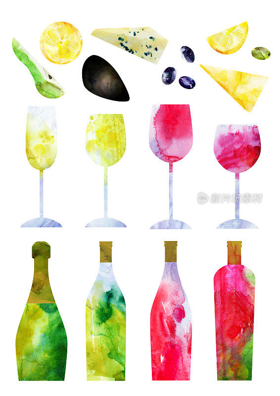 水彩抽象的红和白酒瓶，玻璃杯和零食插图