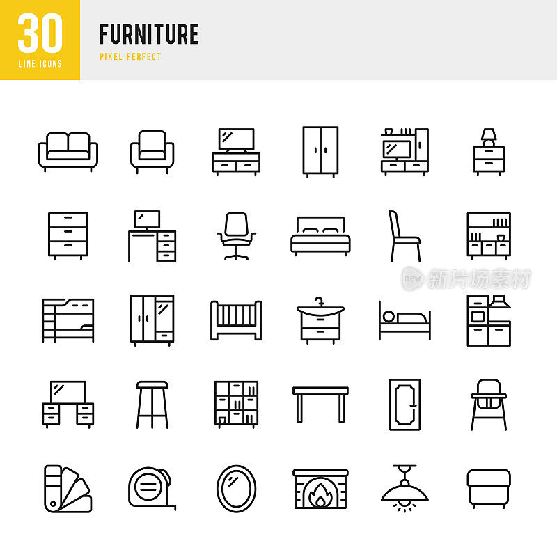 家具-细线矢量图标设置。像素完美。一套包含图标:家具,餐桌,扶手椅,床,沙发,镜子,书桌,办公椅,婴儿床。