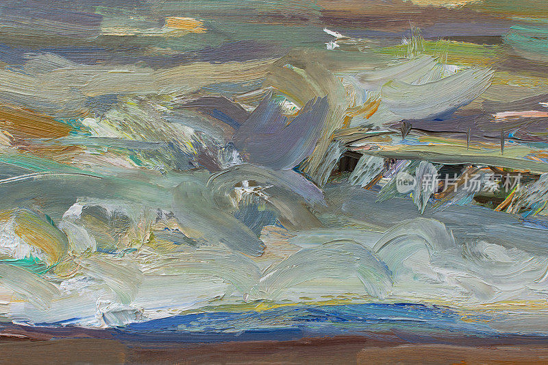 海油画。抽象的绿松石海景。印象派，素描，片段