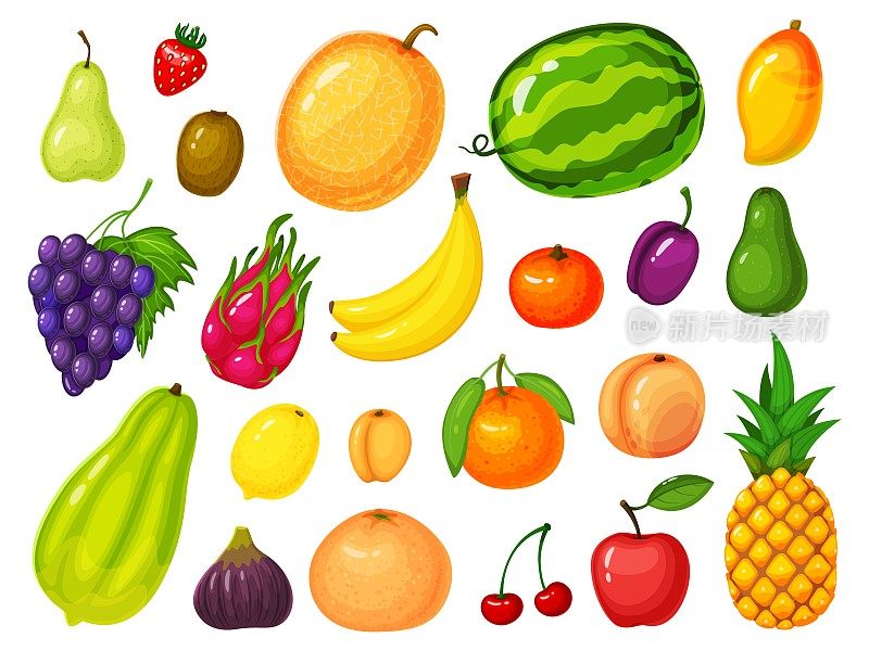 卡通水果。柠檬、草莓、香蕉、橘子、苹果、西瓜、桃子、菠萝、芒果、葡萄。成熟的热带外来水果向量集