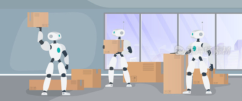 机器人在生产仓库工作。机器人搬运箱子并搬运货物。未来的交货，运输和装载货物的概念。向量。