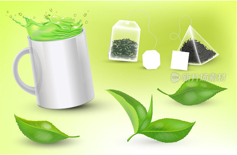现实杯绿茶和茶包和树叶。茶叶广告及包装设计元素。向量