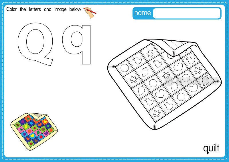 矢量插图的儿童字母着色书页与概述剪贴画，以颜色。字母Q代表被子。