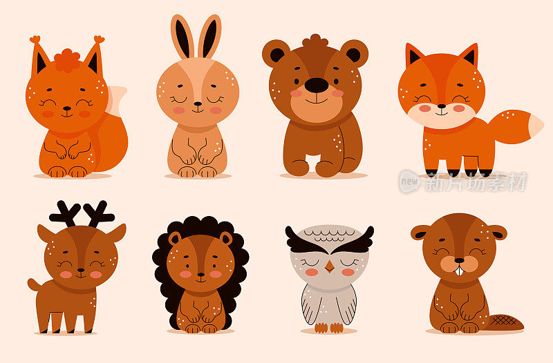 森林动物在卡通风格，刺猬，熊，野兔，狐狸，海狸，熊，猫头鹰。林地。可爱的矢量插图的孩子。