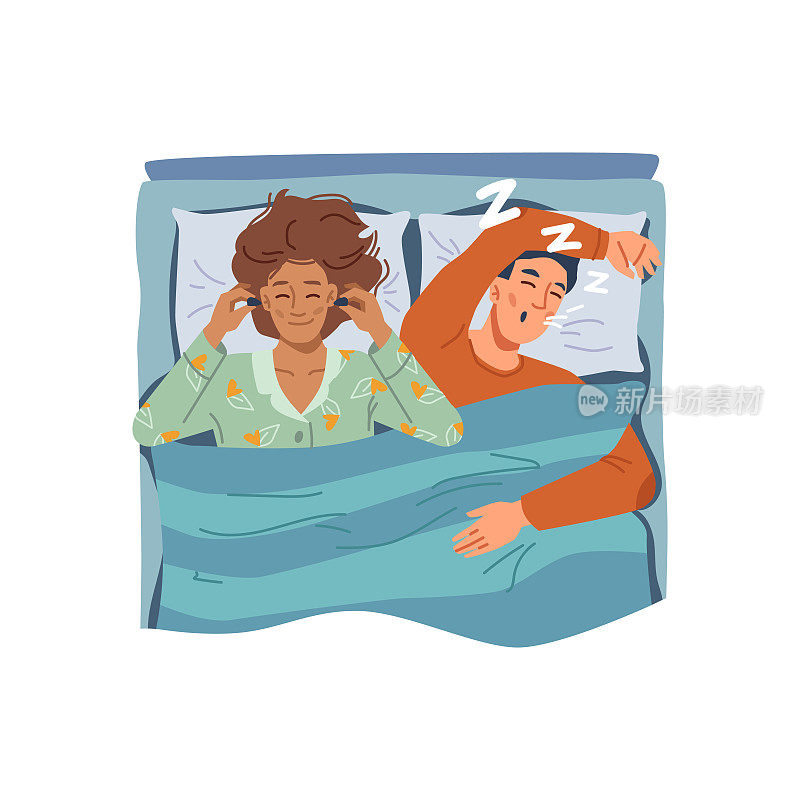 女人用耳塞入睡，妻子躺在打鼾的丈夫身边。睡眠敏感的女性人士。失眠问题和解决方法。卡通人物在平面风格矢量
