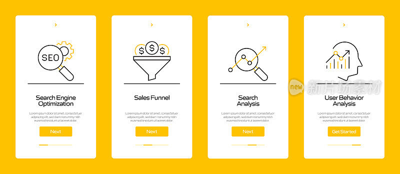 搜索引擎优化概念Onboarding移动应用程序页面屏幕与平面图标。UI设计模板矢量插图