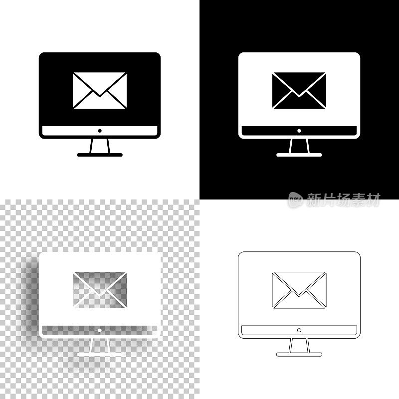 桌面电脑与电子邮件消息。图标设计。空白，白色和黑色背景-线图标