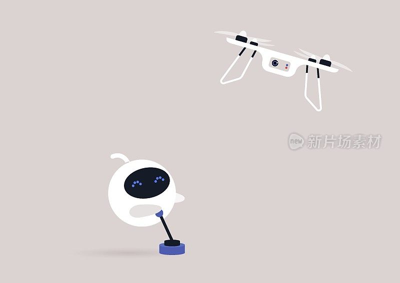 可爱的圆形机器人操作一个悬停的无人机遥控操纵杆