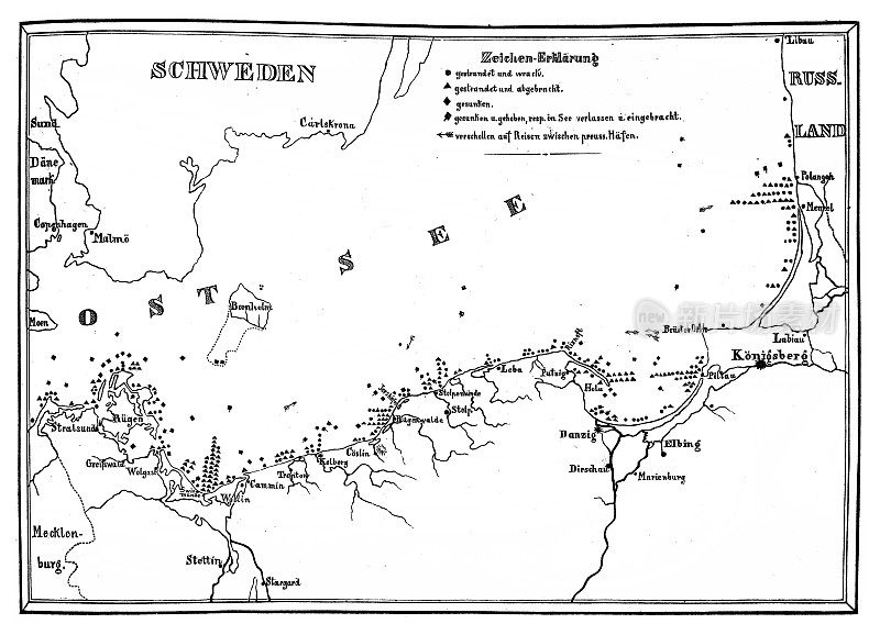 1857-1864年普鲁士波罗的海沿岸的位置和沉船的地图