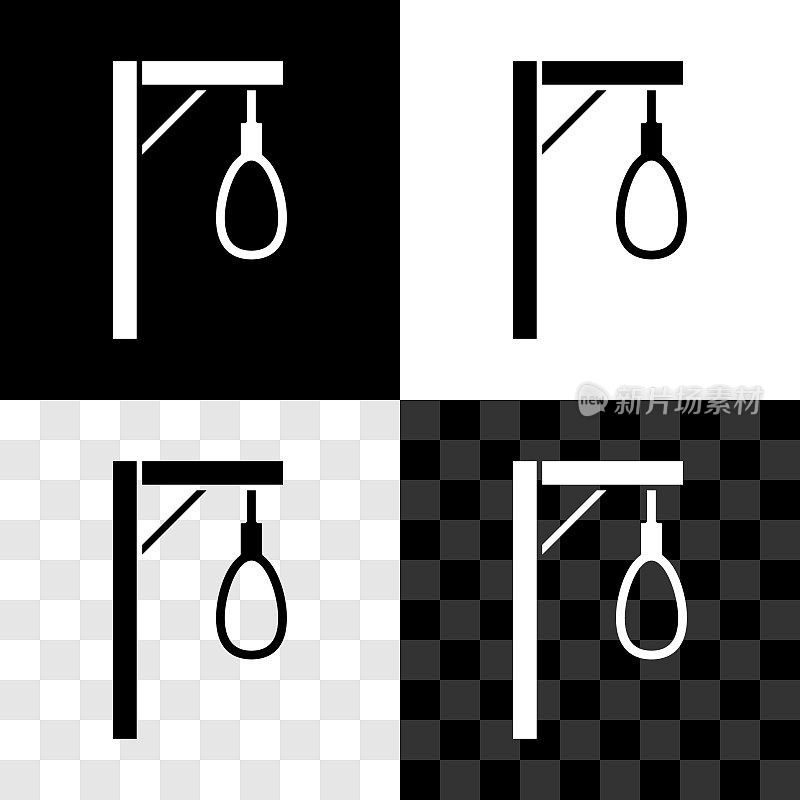 设置绞架绳环悬挂图标孤立在黑白，透明的背景。系成套索的绳子自杀，上吊或私刑。向量
