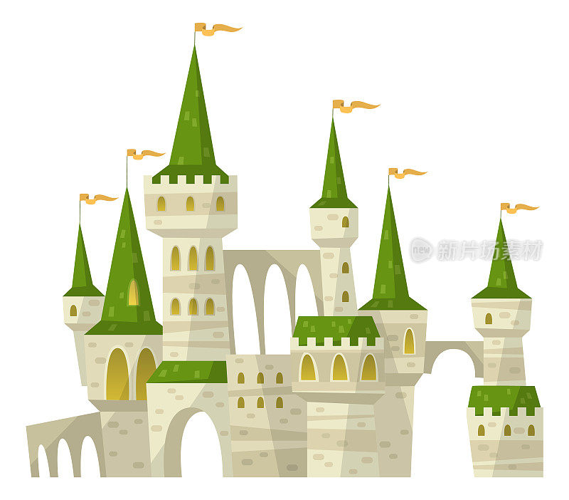 有绿色屋顶的中世纪城堡。童话般的宫殿塔
