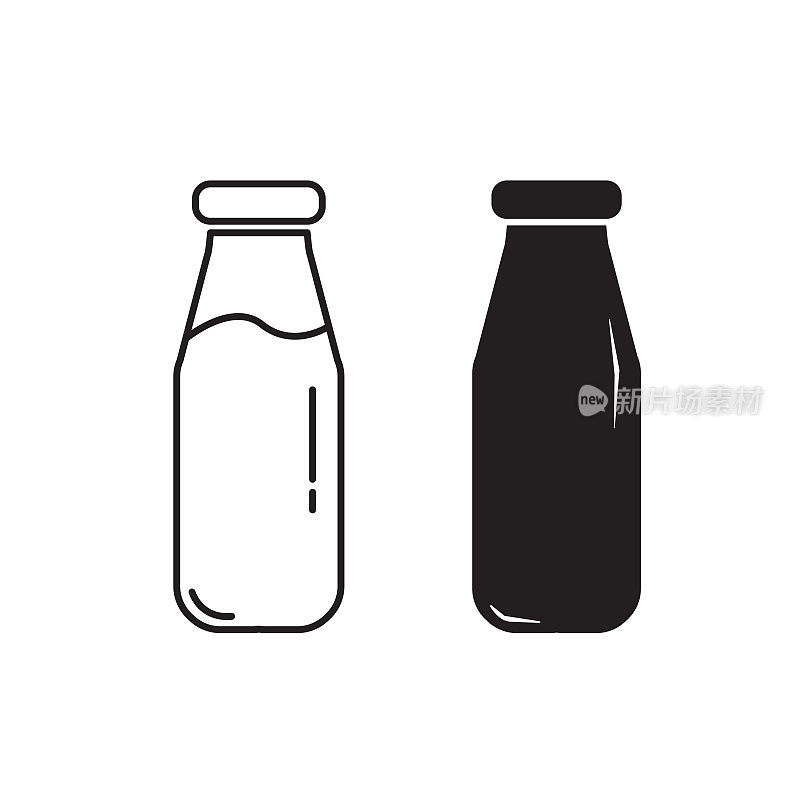 设置牛奶瓶图标轮廓孤立在白色背景上。矢量插图。