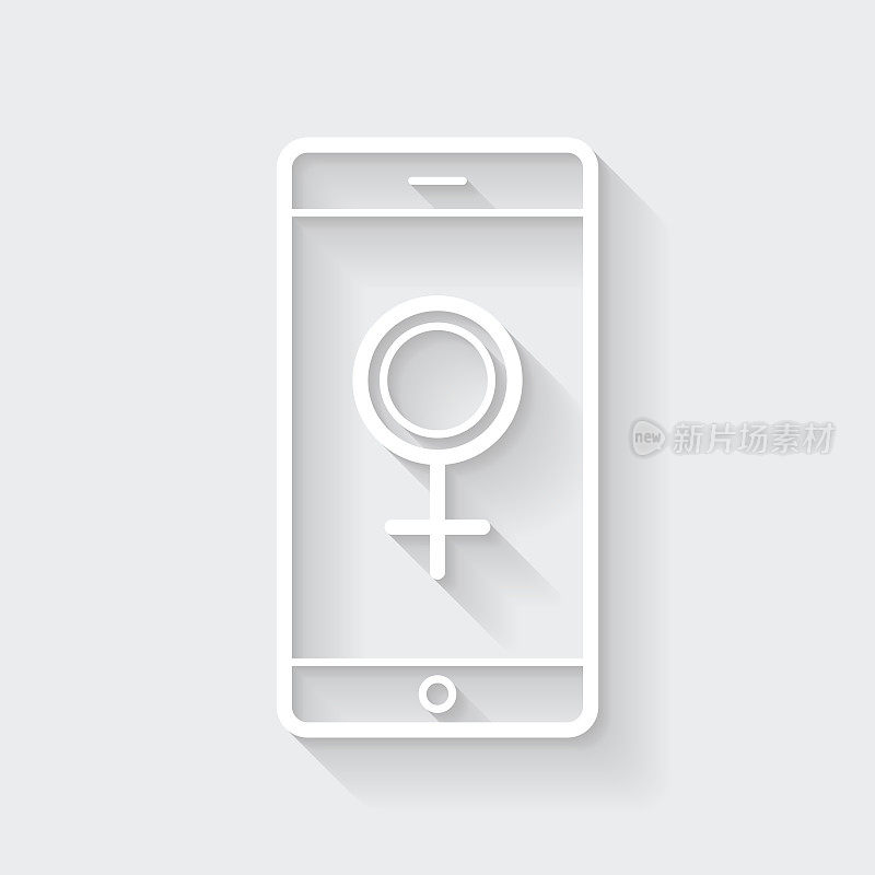 带有女性符号的智能手机。图标与空白背景上的长阴影-平面设计