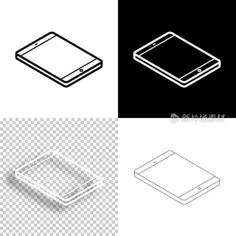 平板电脑-平板位置。图标设计。空白，白色和黑色背景-线图标
