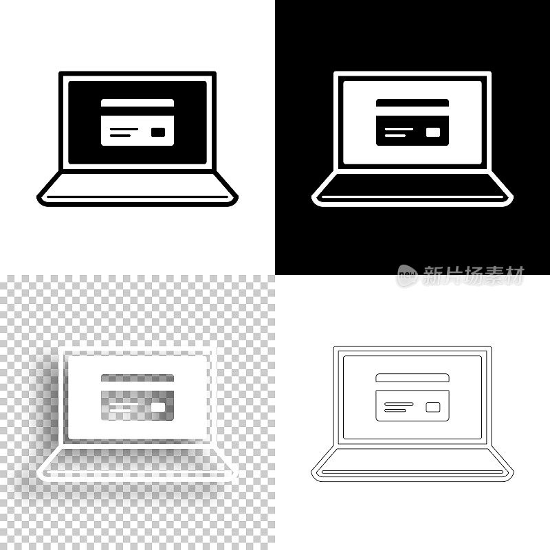 笔记本电脑和信用卡。图标设计。空白，白色和黑色背景-线图标