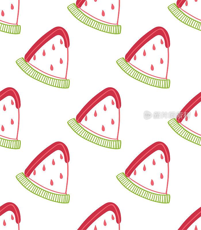 熟西瓜切片。创意无缝模式矢量插图。夏天的设计与浆果和水果在白色的背景。