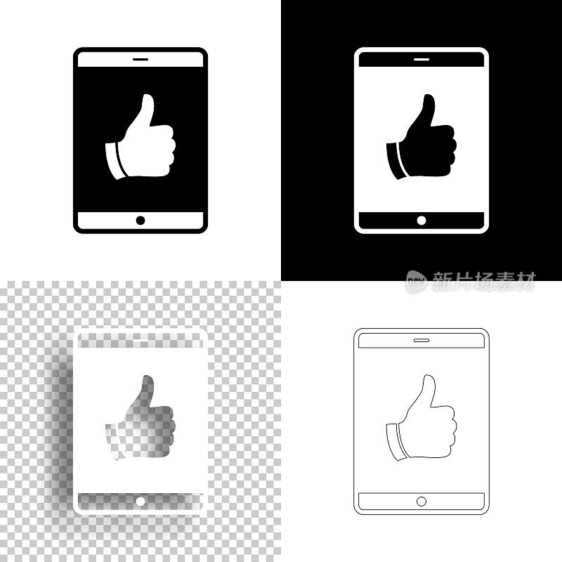 竖起大拇指的平板电脑。图标设计。空白，白色和黑色背景-线图标