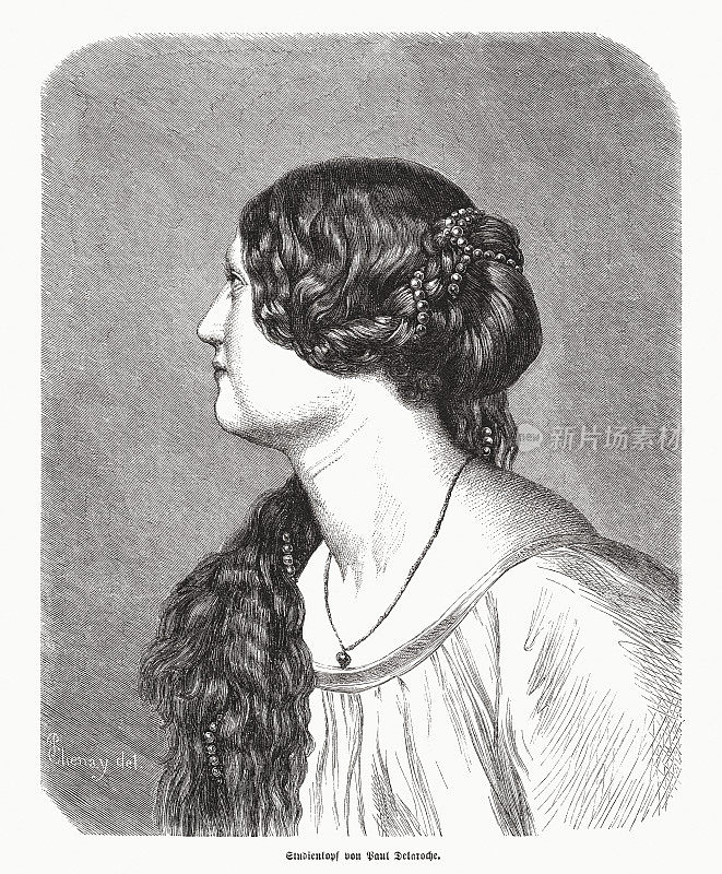 《头部研究》，保罗·德拉罗什画，木刻，1870年出版