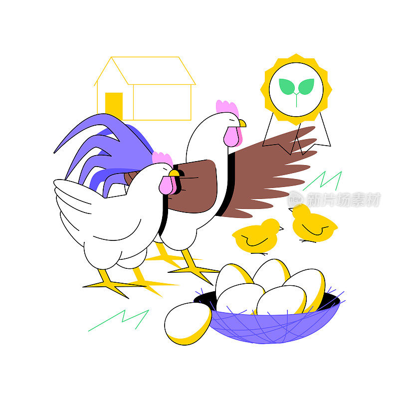 自由奔跑的鸡和鸡蛋抽象概念矢量插图。