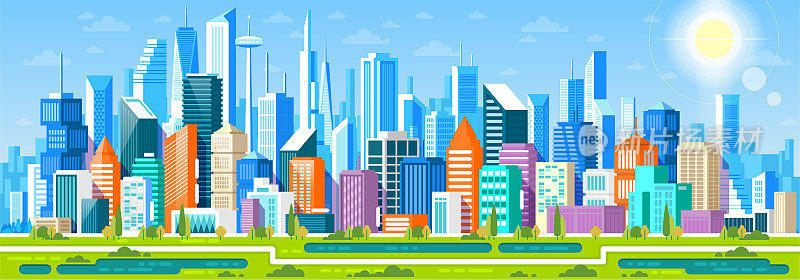 城市全景，不同的建筑，办公中心，商店和总部。高详细的矢量平面插图