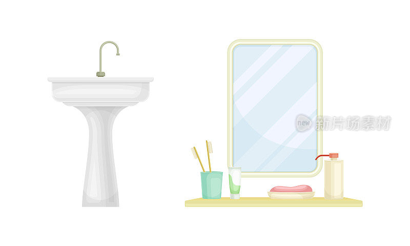 白色浴室水槽盆地与水龙头和镜子孤立在白色背景矢量插图集