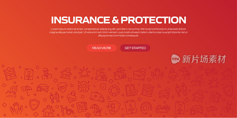与线性图标的保险和保护网页横幅，时髦的线性风格向量