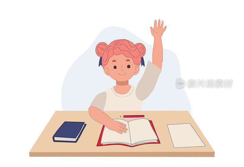 坐在课桌前的女生正在举手回答问题或提问。卡通矢量插图。