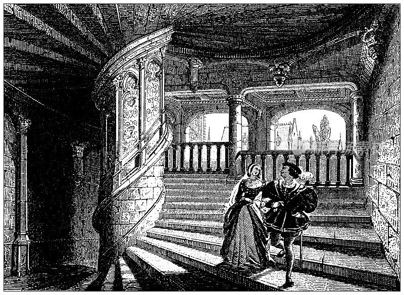 古董插图:建筑和建筑:Ch?teau de Ch?teaudun，楼梯