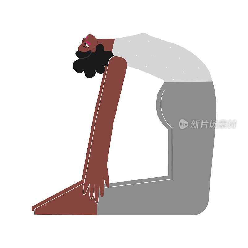 矢量概念与非裔美国女性性格。女强人在瑜伽课上用后屈式学习姿势。健身运动——骆驼式
