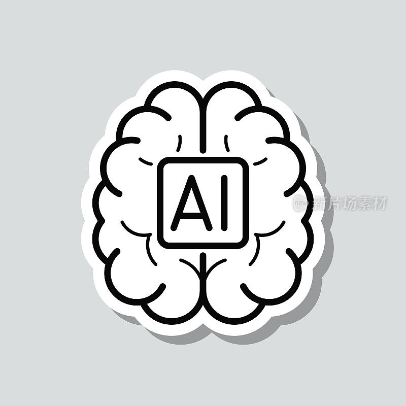 人类的大脑带有人工智能AI。图标贴纸在灰色背景