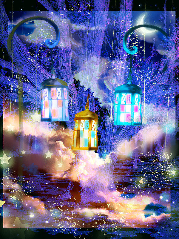 圣诞背景插图，一盏彩色的灯挂在一棵老树上，月亮和星星在美丽的夜空中闪烁