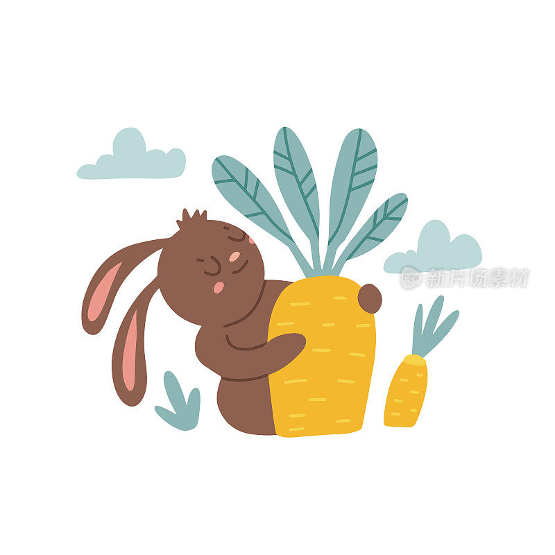 惬意的卡通兔子背着收获的大胡萝卜。温暖的秋季。矢量平面手绘插图