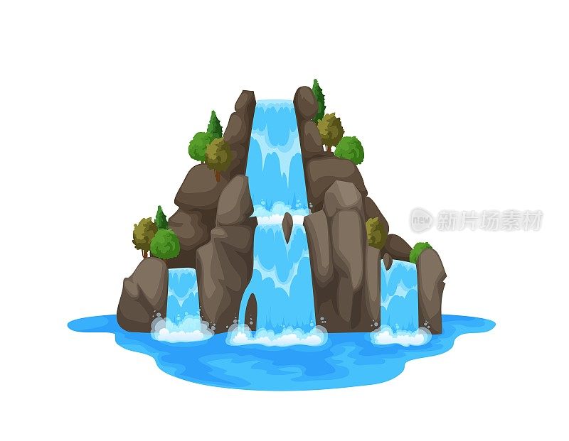 卡通瀑布从岩石上落下，水如瀑布