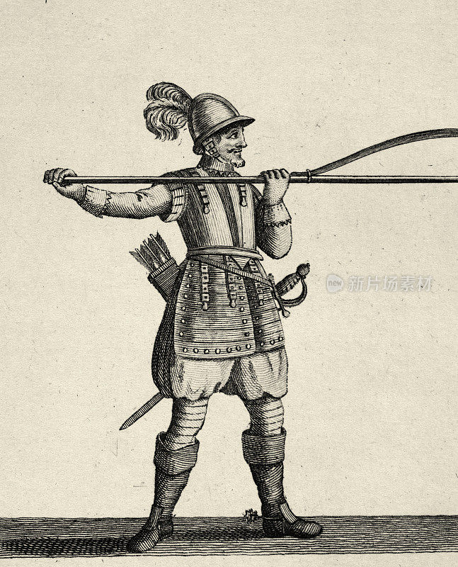 双臂步兵，弓和长矛，战争史，17世纪的武器和盔甲。英语