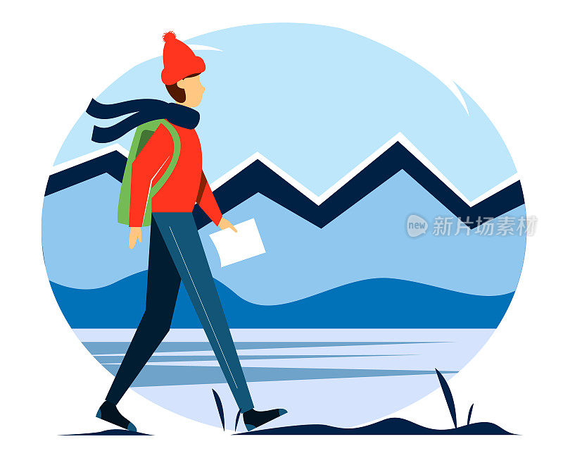 背包旅行者，手里拿着地图。人在山林间行走。冬季插画在平面风格。
