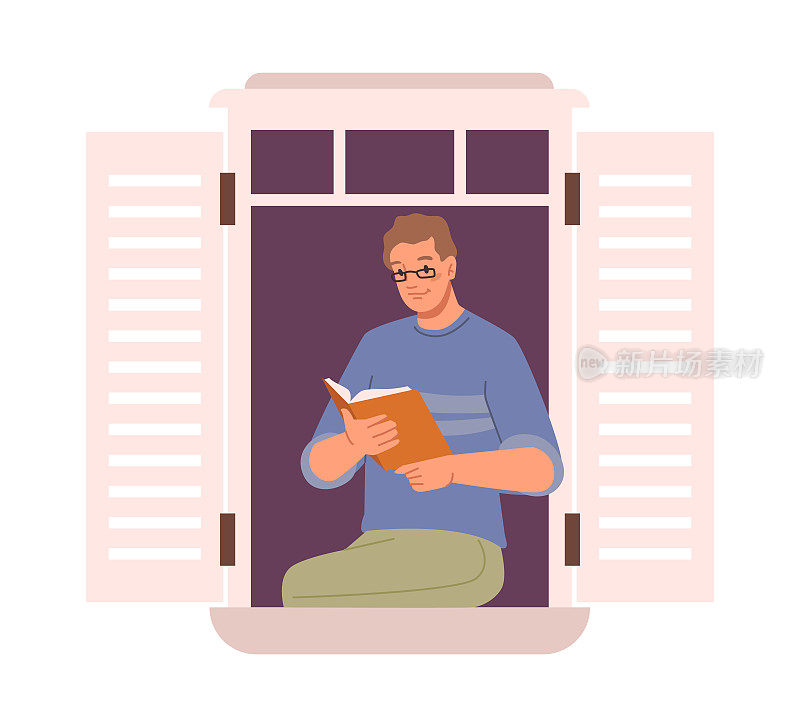 男士坐在窗台上看书。休闲和周末在家里度过，活动和爱好。卡通人物，平面风格的矢量