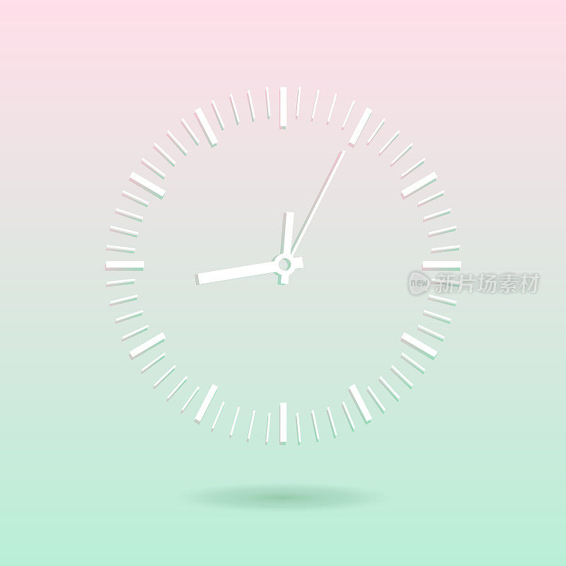 平面风格的时间概念。机械钟面上的箭头彩色细腻的粉彩背景。