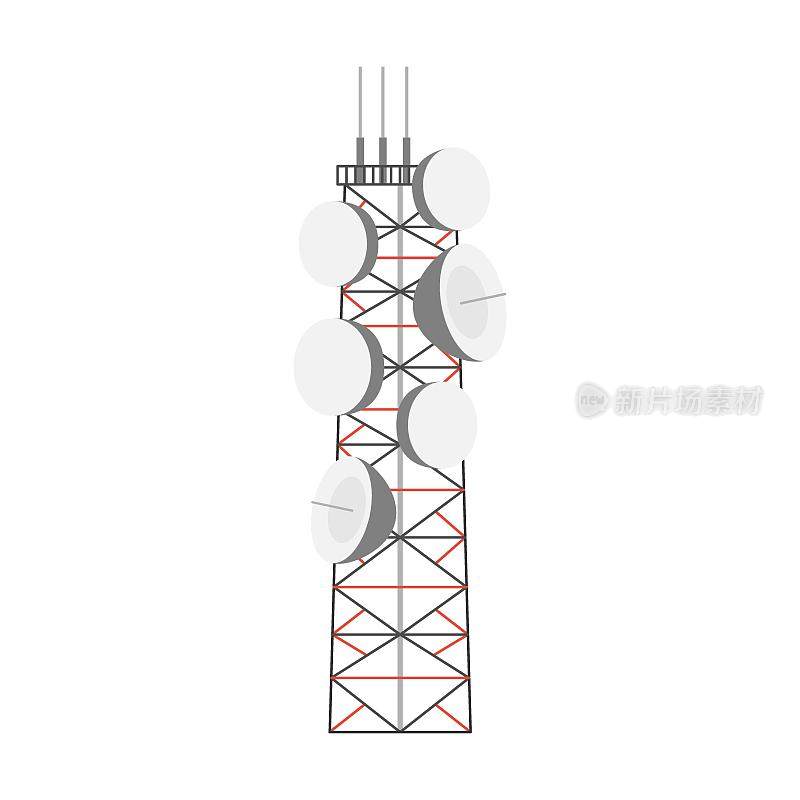 宽稳定天线塔与卫星碟形天线矢量插图。无线电、通讯或电信发射塔、互联网、电视