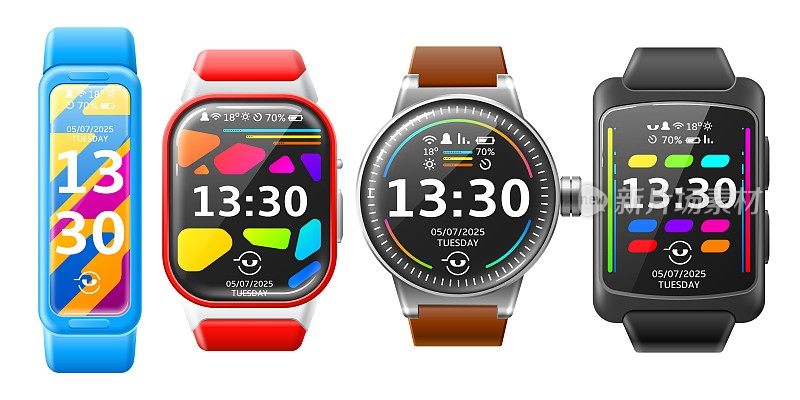 现实的smartwatches。电子科技产品，可穿戴配件，不同形式的运动手表，带时间和计步器的显示屏，3d腕带，完全矢量集