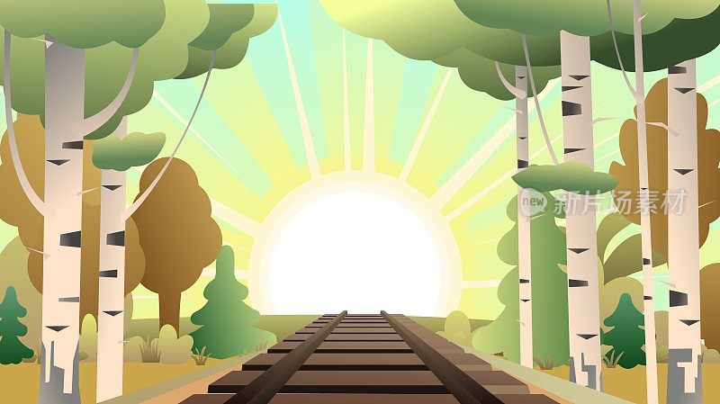 穿过桦树林的铁路轨道公路。火车驶往远方的路径。铁轨和枕木。卡通趣味风格。平面设计。向量。