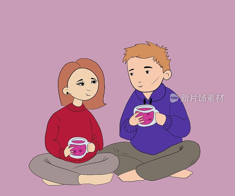 幸福的小情侣坐在地板上，深情地看着对方，在粉红色的背景上享受美味的茶。情人节快乐
