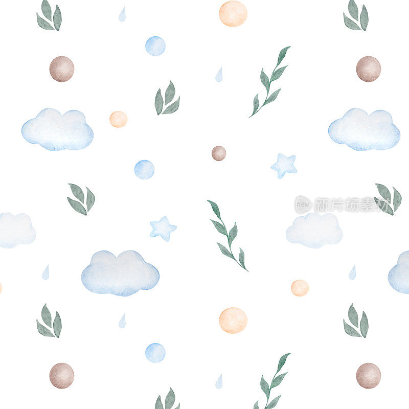 水彩无缝模式与云，球，叶子和星星在蓝色的白色背景