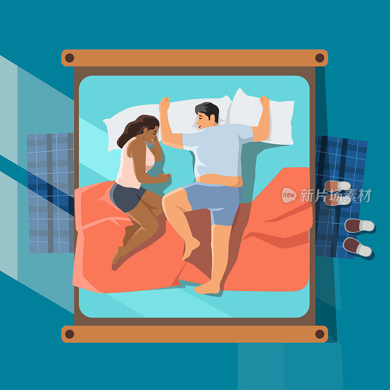 俯视图一对夫妇一起睡在床上的毯子下。矢量插图。种族夫妇的多样性