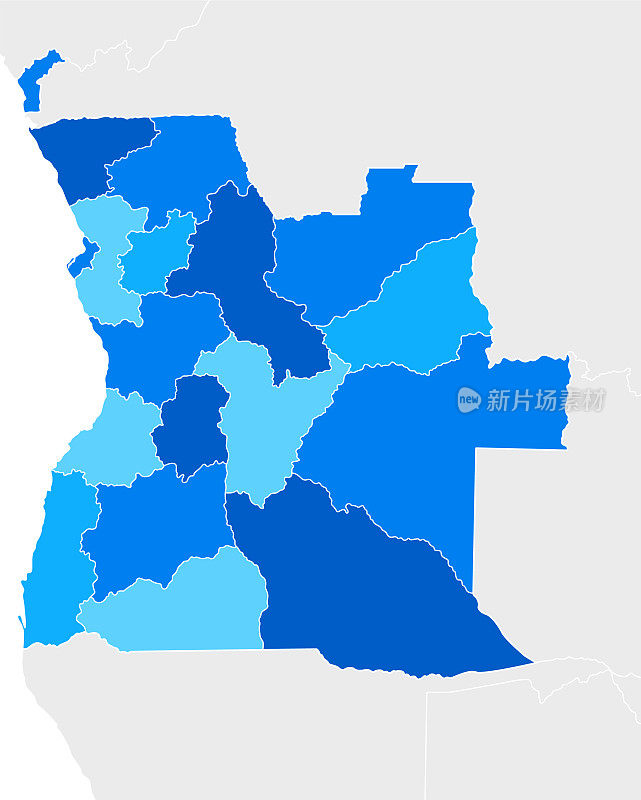 安哥拉高详细的蓝色地图与区域和国家边界