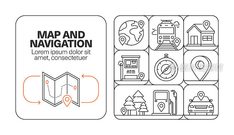 地图和导航横幅线图标集设计
