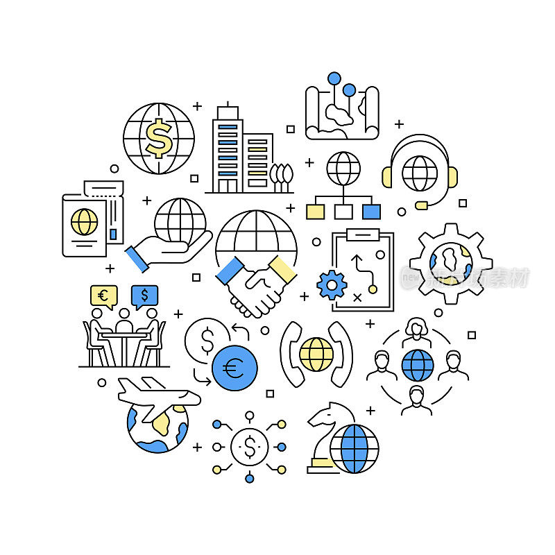 全球业务相关的矢量横幅设计概念，现代线条风格与图标